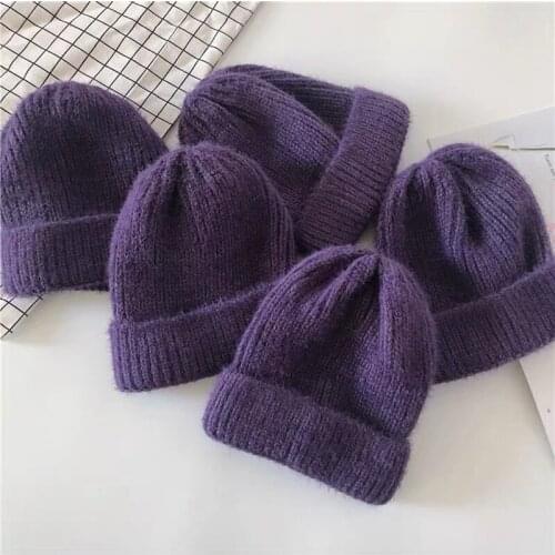 Winter Women Hat Soft Purple Bennie Hat Solid Woolen Thickened Skullies Hat Womens Knit Warm Hat Casual Cap Bonnet