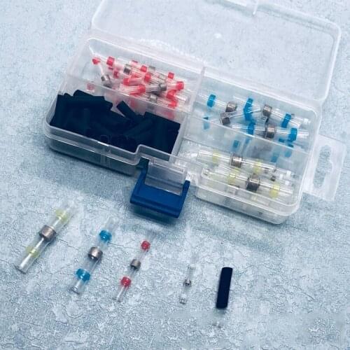 100Pcs 26-10AWG Mixed Heat Waterproof Solder Ring Heat Shrink Solder Sleeve Wire Crimp Butt Terminals Connector with case