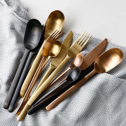 4pcs Rose Gold Cutlery Set Black Dinnerware Forks Knives Scoops Set 18/10 Stainless Steel Silverware Set Ella