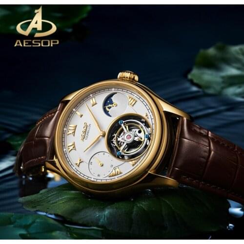 AESOP Top Brand Sapphire Glass Waterproof Watch Real Tourbillon Mechanical Mens Wristwatch Moon Phase Multifunction Men Watch