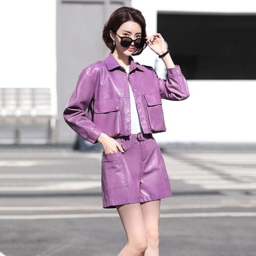 Black Faux Leather Jacket Two Piece Female Autumn New Short PU Leather Jackets And High Waist Shorts Ladies Fashion Suits aq1210