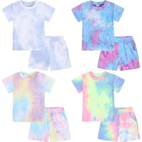 Summer Kids Baby Girls Clothes Sets Tie-Dye Printed Knit Short Sleeve T Shirts Tops Shorts 2Pcs Set Baby Boys Casual sportswear