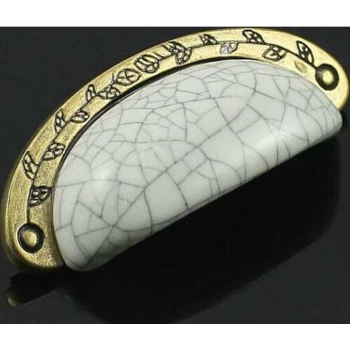 96mm Dresser Pull Drawer Pulls Handles Knob Metal Ceramic White Crack Antique Bronze Kitchen Cabinet Pulls Handle Knobs