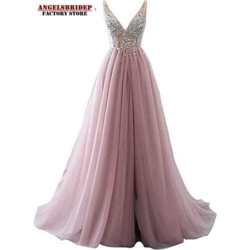 Sexy Backless Long Evening Dresses 2021 Side Split Sparkly Crystals Tulle Floor-length Formal Prom Deep V-Neck Suknie Wieczorowe