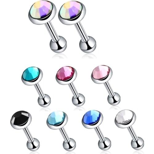 Lot 2Pcs 316l Surgical Steel Flat CZ Gem Ear Cartilage Tragus Hexli Piercing Lip Barbell Ear Studs Earrings Jewelry 3mm&4mm&5mm