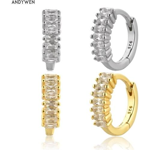 ANDYWEN 925 Sterling Silver Square Clear Zircon Huggies 7.5mm Loop Hoops Piercing Pendiente Luxury Ohrringe 2020 Fashion Women