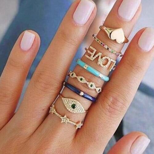 Stackable Evil Eye Ring Set with Two Types, Boho Crystal Women Evil Eye Dainty Fashion Midi Ring Set Jewelry Gift For Her