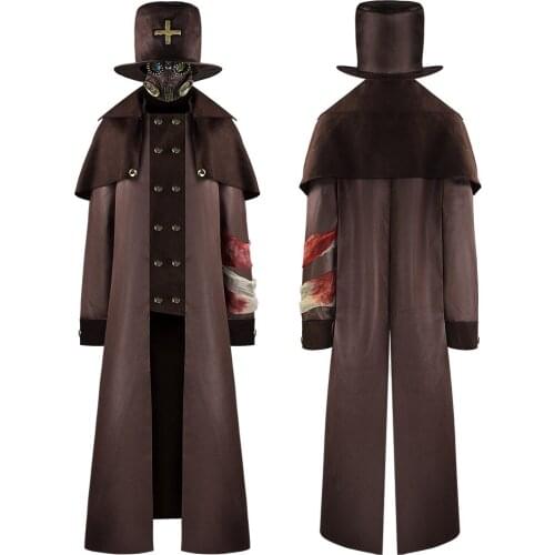Medieval Plague Doctor Cosplay Costume Hat Leather brown Gown Steampunk Gothic Uniform Halloween Carnival Horror Fancy Dress