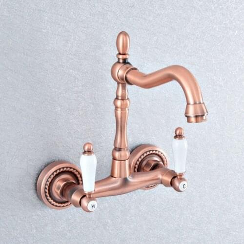 Bathroom Antique Red Copper Faucet Wall Mounted Double Handle Swivel Spout Hot and Cold Mixer Faucet Nsf882