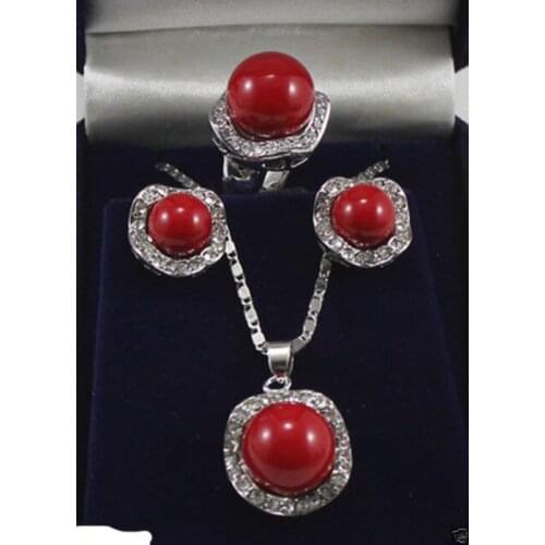 10mm & 14mm red/white South sea Shell Pearl Earrings Ring Necklace Pendant Set