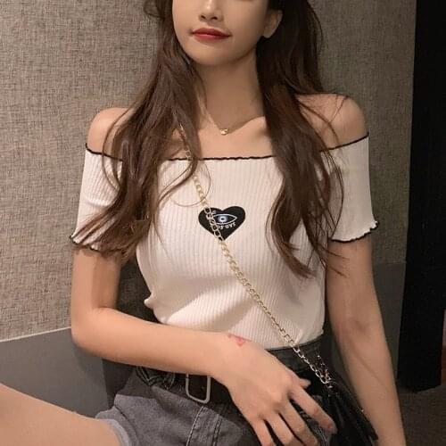 Womens knitting shirt strapless short sleeve tops off shoulder boat neck crop top summer short shirt female clothes street wear