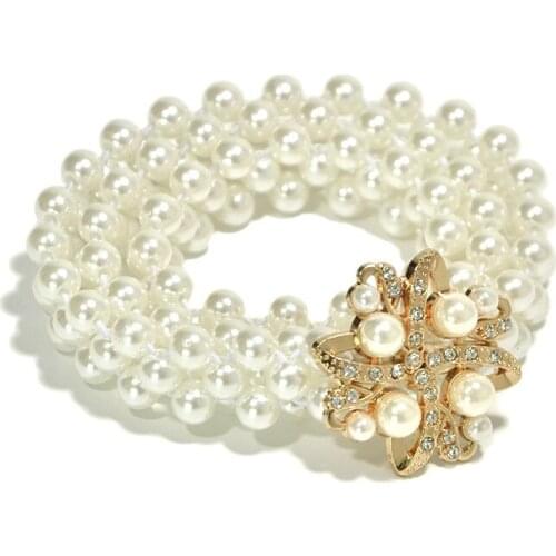 Women Flowers Design Belt Metal Pearl Rhinestone Clasp Front Stretch Waistband Gold Elastic Waist Belt Flowers Chain Belt