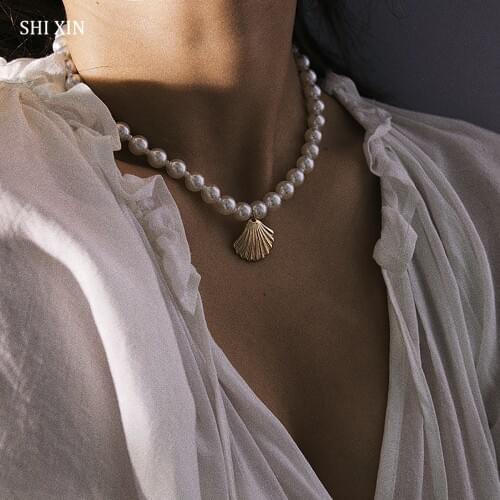 SHIXIN Elegant Round Pearl Beaded Choker Necklace Korean White Beads Necklaces for Women Fashion Scallop Shell Pendant Necklaces