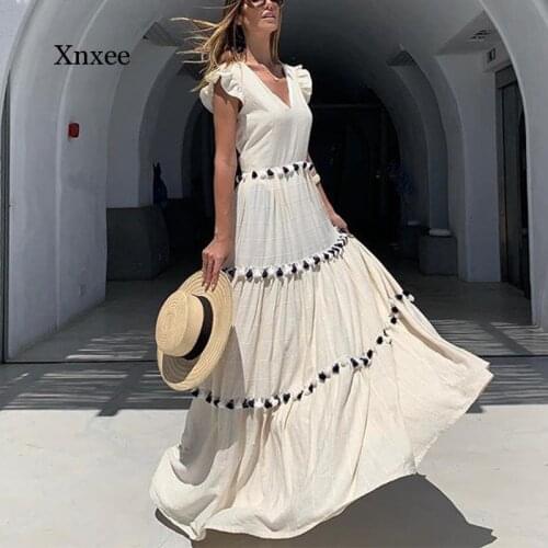 Summer Sexy Deep V-Neck Tassel Sleeveless White Fashion Dress Womens Casual Elegant Party Maxi Dresses Girl New Spring Clothing