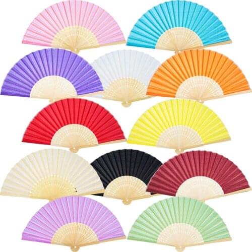 12 Pcs Colorful Hand Fans Silk Bamboo Folding Fan waaiers hand eventail a main Wedding Birthday Party Gift Favor DIY Decoration