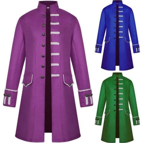 2021 Fashion Men Halloween Gothic Jacket Stand Collar Two Pockets Buttons Coat Long Sleeve Halloween Cosplay Vintage Costume