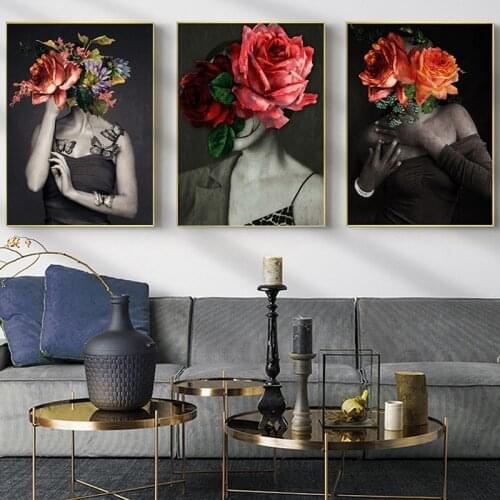 Flowers Feathers Woman Abstract Canvas Painting Wall Art Print Poster Picture Decorative Painting Living Room Home Decoration