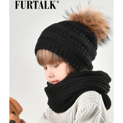 FURTALK Winter Kids Hat Scarf Set Boys Girls Faux Fur Pom Pom Beanie Hat Baby Fleece Winter Hat Scarf for Children 2-10 Years