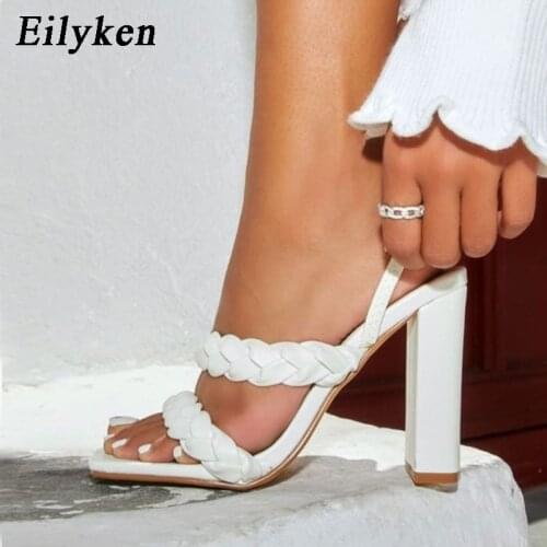 Eilyken 2021 Summer Fashion White Wove Strap Women Back Band Sandals Square Toe Thick High Heels Gladiator Slides Slippers Shoes