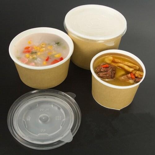 50pcs Thicken round disposable soup bucket 260ml 440ml 530ml kraft paper food salad dessert package paper cups with covers