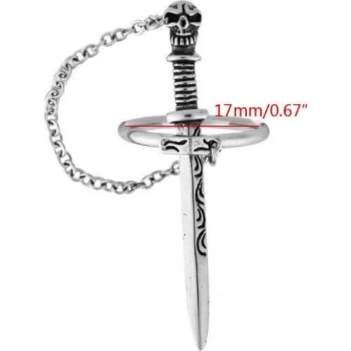 L93F Gothic Punk Skull Sword Movable Plug-in Finger Ring Medieval Knight Dagger Chain Ring Band Vintage Statement Jewelry