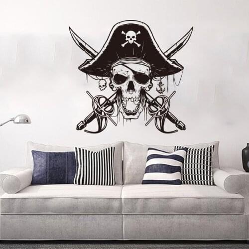 Cartoon Nautical Pirate Sabers Skull Wall Sticker Kids Room Playroom Sword Weapon Captain Ocean Wall Decal Gameroom Vinyl Decor