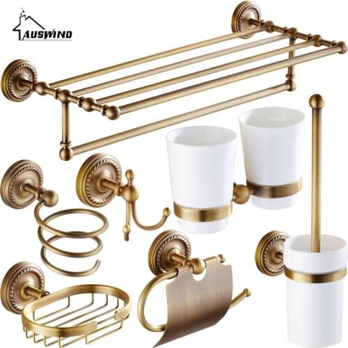 Antique Brass Bathroom Accessories Carved Bathroom Hardware Set Brushed Wall Mounted Bathroom Hardware Kit