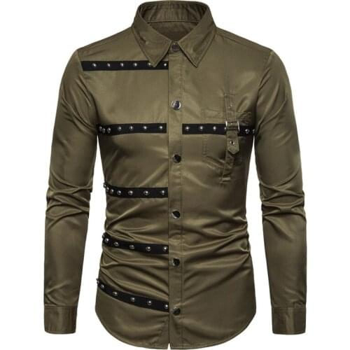 2019 New Fashion Mens Shirt Long Sleeved Shirt Solid Color Slim Fit Shirts Men Casual Costumes Rivet Shirts Tops