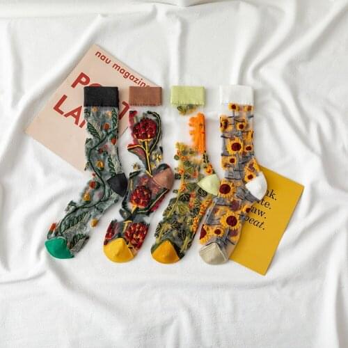 Novelty Harajuku New Product Crystal Silk Tide Socks Funny Sunflowers Vines Flowers Happy Women Socks Casual High Quality Sox