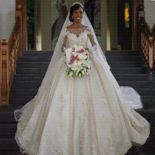 New Sexy Ball Gown Wedding Dresses 2020 Amazing Neck Long Sleeves Chapel Train Lace Applique Wedding Gowns