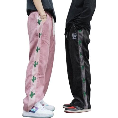 2021 spring and autumn new cactus embroidery mens casual pants hip-hop loose ins trend couple pants wide-leg straight trousers