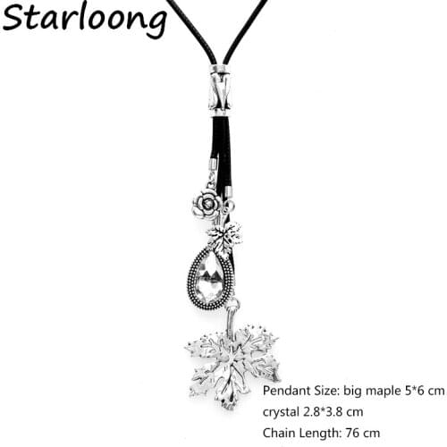 New latest Vintage Jewelry alloy Maple Leaf water drop crystal pendant genuine leather chain necklace women men jewelry