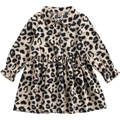 2021 2-7Y Fashion Kids Girls Dress Summer Autumn Children Leopard Print Lapel Long Sleeve Front Button Princess A-line Dress
