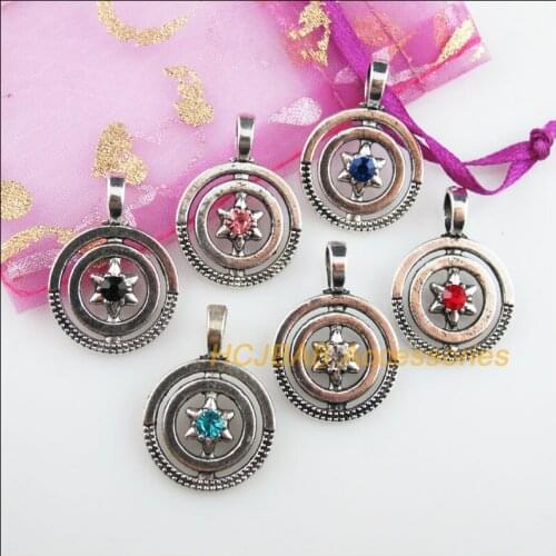 12Pcs Tibetan Silver Color Crystal Mixed Star Circle Charms Pendants 21x29mm