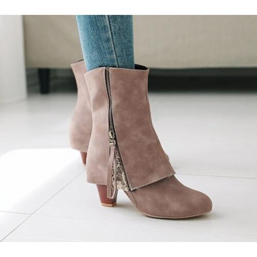 PXELENA Hot Vintage Design Novelty Ankle Boots Lady Round Toe Thick Square High Heels Motorcyle Boots Women Zippers 34-43