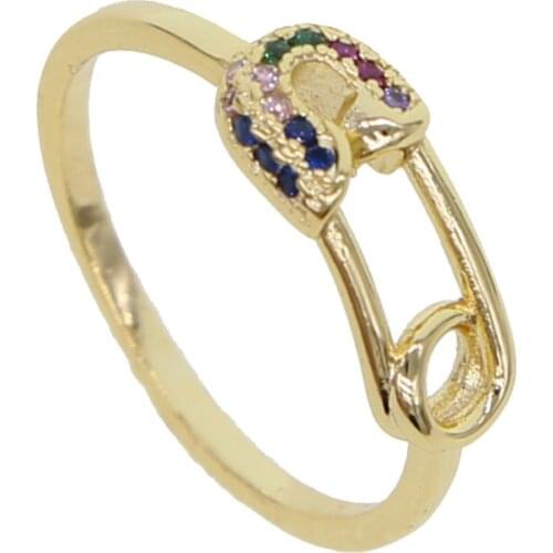 Rainbow colorful cz safety pin Ring for women girl minimal delicate multi piercing gold filled thin cz eternity band lovely ring
