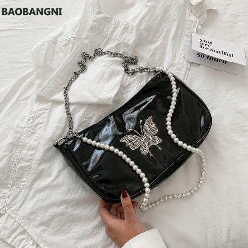 Fashion womens bag pearl patent small zipper girl messenger shoulder bag chain female vintage Shoulder Crossbody bag