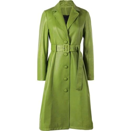 Plus Size Coats Women Ladies Single Breasted Long Real Leather Trench Coat
