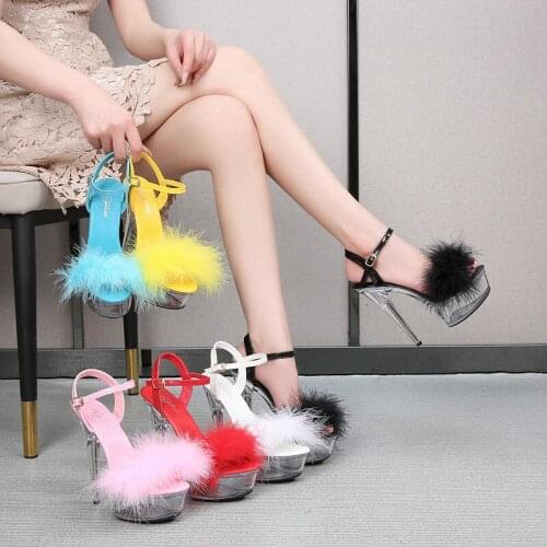 Pole Dance Feather Transparent Sandals Fur Women 13/15 CM Sexy Platform Shoes 2021 Pumps Strippers Heels Black White Red Yellow