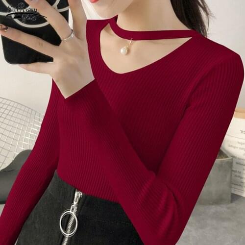 2021 Autumn Winter New Long Sleeve Sexy Slim Tops V Neck Sweaters Women Solid Streetwear Knitted Korean Pullover Burgundy 16641