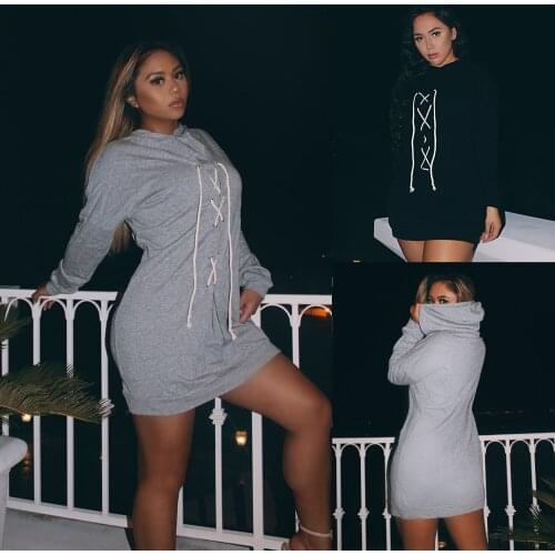 S-XL Women Long Sleeve Hoodie Dress Strap decoration Velvet Hooded Pockets Casual Sweatshirts Long Tunic Top Loose Pullover