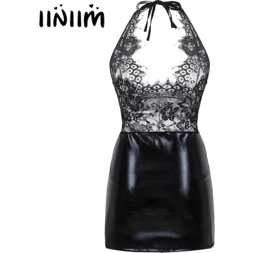 Women See Through Sheer Lace Lingerie Set Deep V Halter Neck Back Opening Leather Skirt Bodysuit with G-String Briefs Underwear
