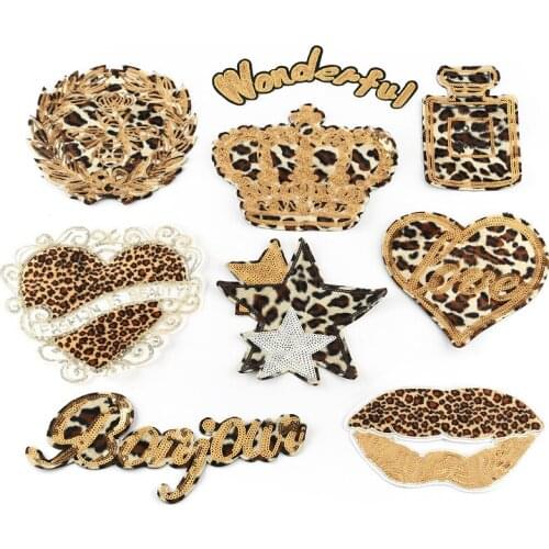 10pcs/lot New Large Embroidery Patches Bead Sequins Diy Cute Leopard Love Crown Letters Applique Garment Accessories