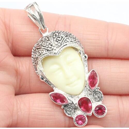 50x28mm Special Big Goddess White Face Red Ruby SheCrown Gift Silver Pendant 50x28mm