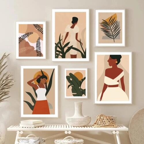 Abstract Fashion Boho Girl Leaf Plant Sun Wall Art Canvas Painting Nordic Posters And Prints Wall Pictures For Living Room Decor