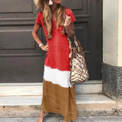 @ Women Plus Size Daily Tie-dyed Color Block Loose V Neck Short Sleeve Dress Female O-Neck Loose Maxi Dress Vestido Longo