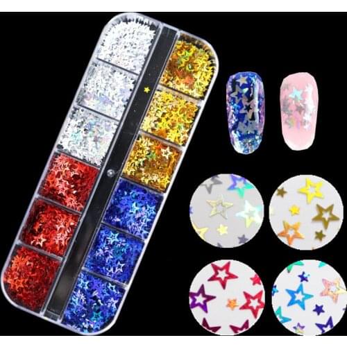 Holographic Nail Glitter Flake Laser Hollow Star 4 Colors Nail Sequins for Gel Polish Manicure Profession Nail Art Decorations