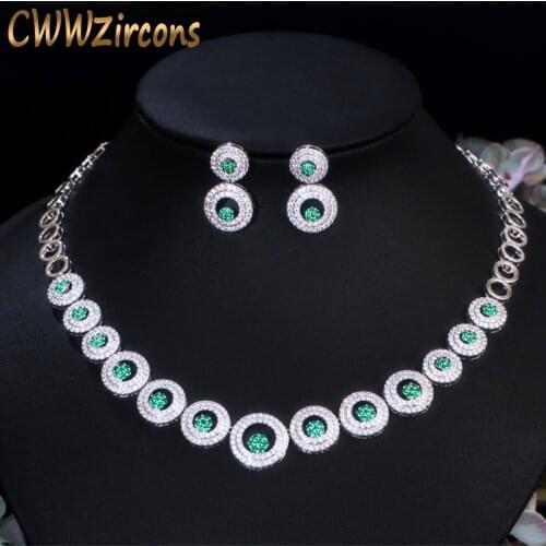 CWWZircons Green Cubic Zircon Stone Big Round Earrings and Necklace Fashion Bridal Jewelry Set Prom Party Dress Accessories T444