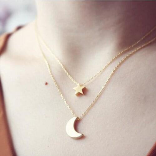 Double Layer Star Moon Pendant Necklace for Women Girls Alloy Fashion Star Jewelry Nice Gifts Elegant Star Moon Necklace
