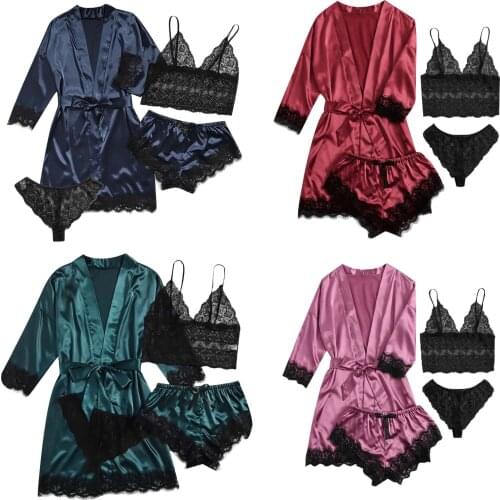 Exotic Accessorieswomen Lace Satin Wireless Bra Camisole Shorts Pajamas Robe Four Piece Set Lingerie Трусы Женские Кружевные2021
